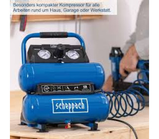 Scheppach Compressor HC10-Kettős olajmentes légkompresszor, 7,5 literes kazántérfogat, 8 bar max. Üzemi nyomás, 50,4 l szívóteljesítmény, 750 W teljesítmény, 2 nyomásmérő, 1 gyorscsatlakozó és nyomásszabályozó